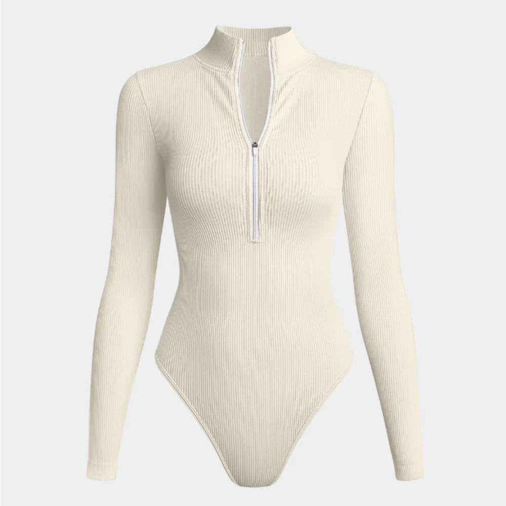 Cream Long Sleeve Zip-Up Bodysuit
